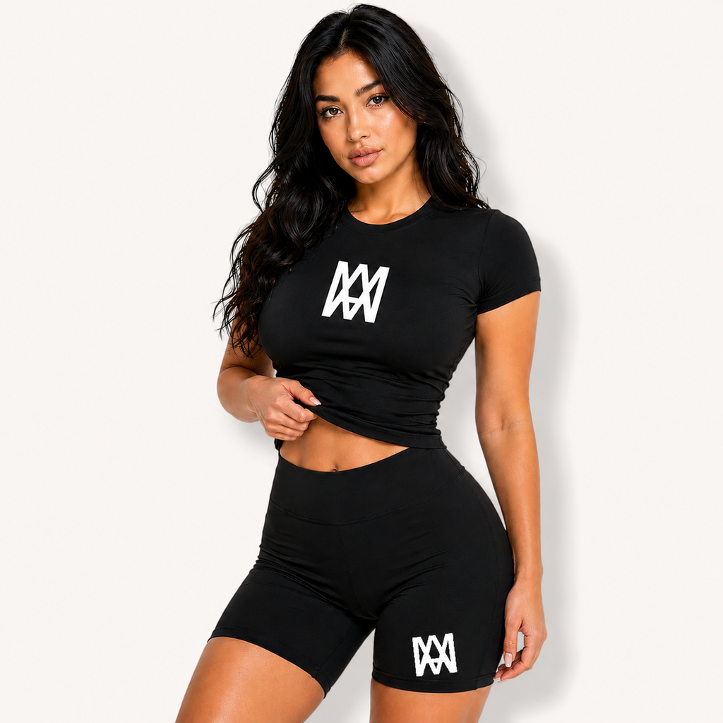 Women's 2-Piece Seamless Yoga Set (Black/White)- High-Waist Leggings/Shorts and Sports Bra for Workout, Gym, and Activewear
