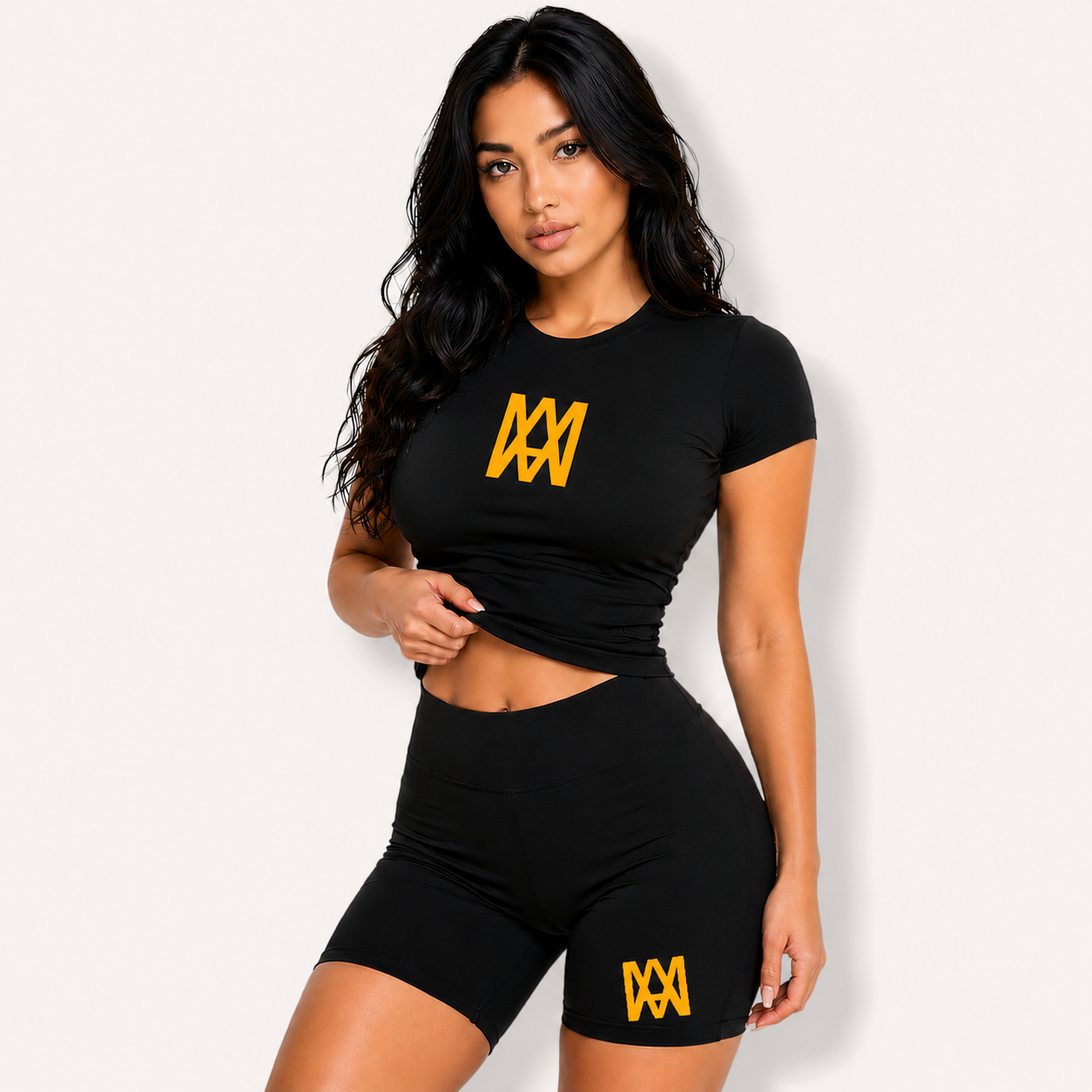 Women's 2-Piece Seamless Yoga Set (Black/Mustard Yellow) - High-Waist Leggings/Shorts and Sports Bra for Workout, Gym, and Activewear