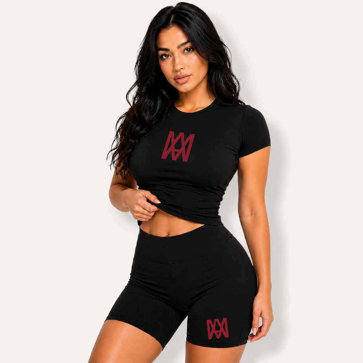 Women's 2-Piece Seamless Yoga Set (Black/Burgundy)- High-Waist Leggings/Shorts and Sports Bra for Workout, Gym, and Activewear