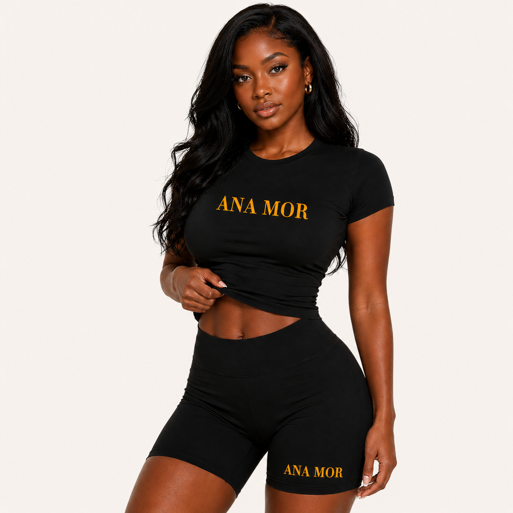 Women's 2-Piece Seamless Yoga Set (Black/Mustard Yellow)- High-Waist Leggings/Shorts and Sports Bra for Workout, Gym, and Activewear