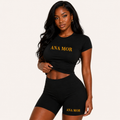 Women's 2-Piece Seamless Yoga Set (Black/Mustard Yellow)- High-Waist Leggings/Shorts and Sports Bra for Workout, Gym, and Activewear
