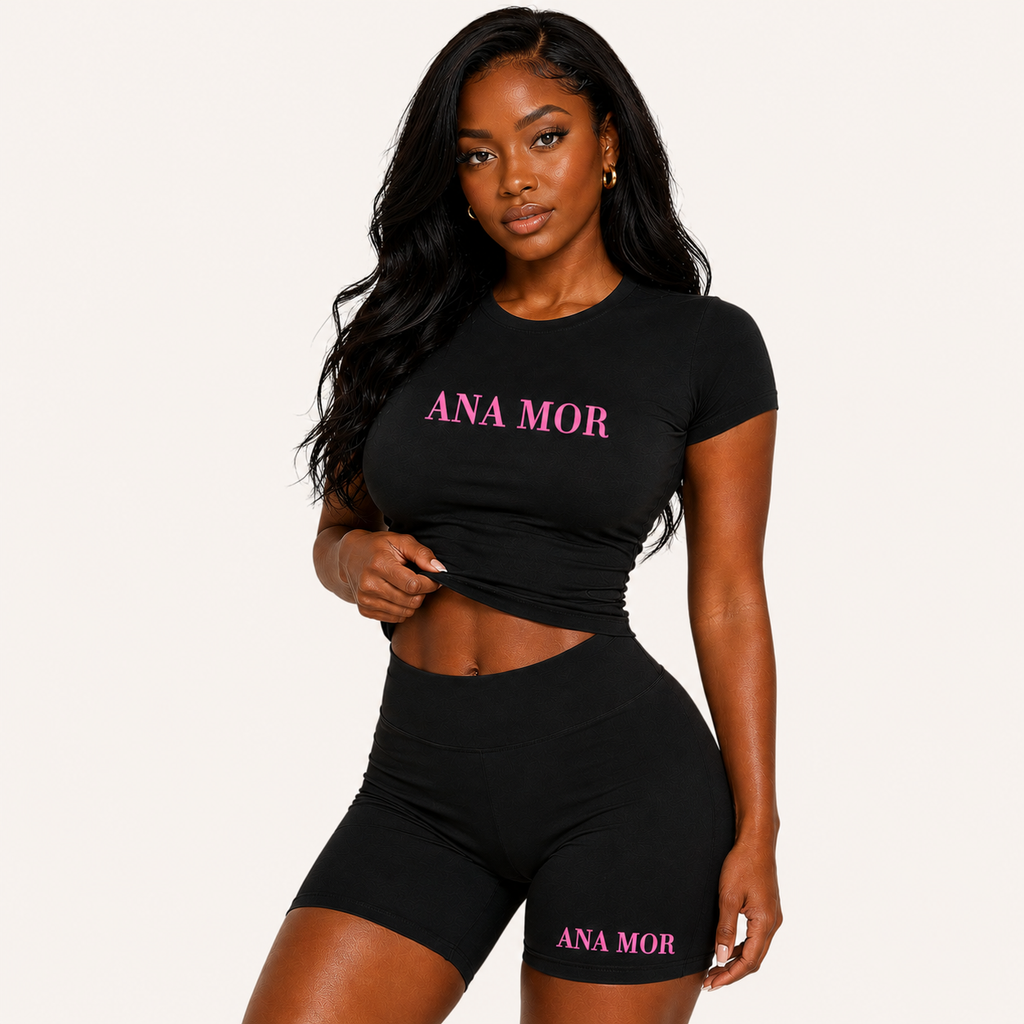 Women's 2-Piece Seamless Yoga Set (Black/Pink)- High-Waist Leggings/Shorts and Sports Bra for Workout, Gym, and Activewear