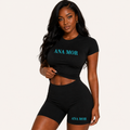 Women's 2-Piece Seamless Yoga Set (Black/Turquoise)- High-Waist Leggings/Shorts and Sports Bra for Workout, Gym, and Activewear